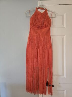 Karen Millen Bright Orange Fringe Halter Midi Dress